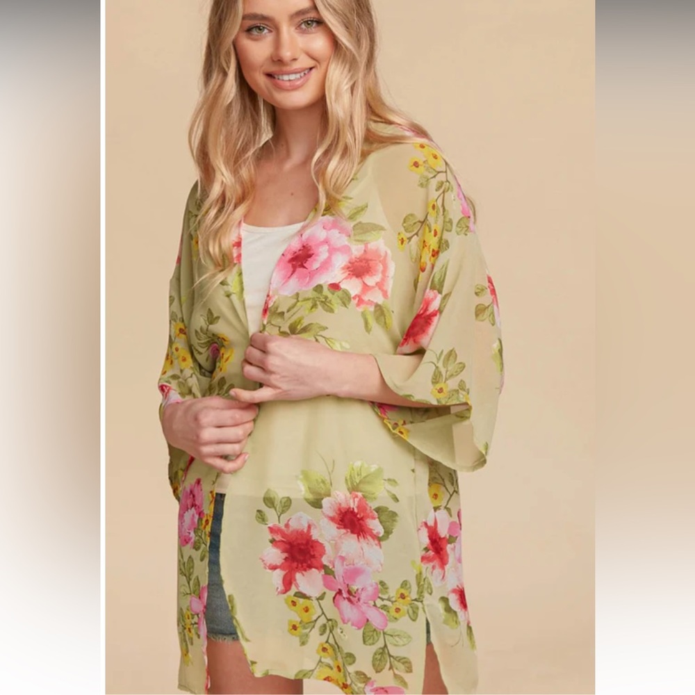 Floral Kimono Cardigan - Green and Pink